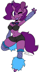 Size: 584x1074 | Tagged: safe, artist:inkystarz, oc, oc only, oc:electroheart, unicorn, anthro, armpits, clothes, curved horn, cute, cute little fangs, fangs, female, fishnet stockings, goggles, hooves, horn, mare, one eye closed, peace sign, pose, shorts, signature, simple background, solo, tongue out, white background, wink