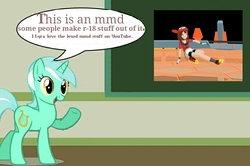 Size: 887x588 | Tagged: safe, lyra heartstrings, pony, unicorn, g4, 3d, female, human studies101 with lyra, incorrect meme use, mare, may (pokémon), meme, mmd, text