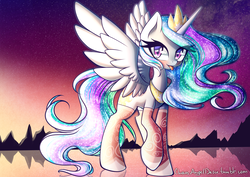 Size: 1414x1000 | Tagged: safe, artist:chaosangeldesu, princess celestia, alicorn, pony, g4, clothes, cute, cutelestia, female, mare, signature, sillestia, silly, socks, solo, spread wings, stockings, thigh highs, tongue out, wings
