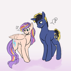 Size: 1800x1800 | Tagged: safe, artist:overlordneon, oc, oc only, oc:dusk eclipse, oc:nova dawn, alicorn, pony, unicorn, adopted offspring, alicorn oc, brother and sister, confused, curious, cute, duo, exclamation point, female, gradient background, looking down, magical lesbian spawn, male, next generation, offspring, parent:sunset shimmer, parent:twilight sparkle, parents:sunsetsparkle, question mark, siblings