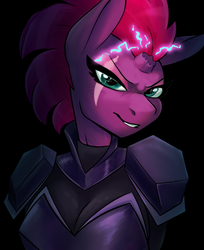 Size: 1280x1572 | Tagged: safe, artist:ambris, artist:jitterladybug, tempest shadow, unicorn, anthro, g4, my little pony: the movie, armor, bodysuit, breastplate, breasts, broken horn, busty tempest shadow, cleavage, eye scar, female, horn, lightning, looking at you, scar, smiling, solo, sparking horn, sparkles