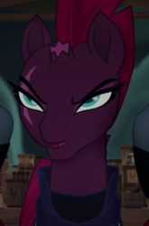 Size: 529x803 | Tagged: safe, screencap, tempest shadow, g4, my little pony: the movie, airship, armor, broken horn, cargo, counting, cracked horn, cropped, eye scar, female, horn, impatient, lidded eyes, mare, mohawk, narrowed eyes, scar, solo focus, threat