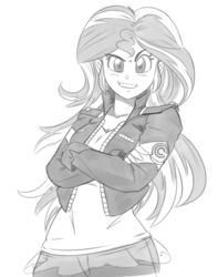 Size: 702x891 | Tagged: dead source, safe, artist:reiduran, sunset shimmer, equestria girls, g4, capsule corp, clothes, crossed arms, crossover, dragon ball, dragon ball z, female, looking at you, monochrome, simple background, sketch, smiling, solo, white background