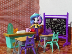 Size: 1320x990 | Tagged: safe, artist:whatthehell!?, princess celestia, principal celestia, equestria girls, g4, apple, chair, chalkboard, classroom, clothes, cup, desk, doll, equestria girls minis, food, gem, irl, photo, shoes, toy