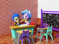 Size: 1320x990 | Tagged: safe, artist:whatthehell!?, flash sentry, princess celestia, principal celestia, equestria girls, g4, apple, chair, chalkboard, classroom, clothes, cup, desk, doll, equestria girls minis, food, gem, irl, photo, shoes, toy