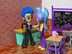 Size: 1200x900 | Tagged: safe, artist:whatthehell!?, flash sentry, princess celestia, principal celestia, equestria girls, g4, apple, chair, chalkboard, classroom, clothes, cup, desk, doll, equestria girls minis, food, gem, irl, photo, shoes, toy