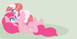Size: 1024x520 | Tagged: safe, artist:theponythatdraws, pinkie pie, oc, oc:strawberry, pony, unicorn, g4, base used, female, filly, green background, holding a pony, mother and daughter, offspring, parent:pinkie pie, parent:prince blueblood, parents:bluepie, simple background
