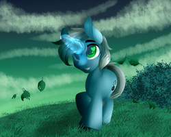Size: 1024x818 | Tagged: safe, artist:jacobdawz, oc, oc only, pony, unicorn, art trade, glowing horn, heart eyes, horn, leaves, male, solo, stallion, starry eyes, wingding eyes
