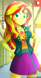 Size: 720x1360 | Tagged: safe, artist:the-butch-x, sunset shimmer, equestria girls, equestria girls series, g4, canterlot high, clothes, commission, cutie mark on clothes, female, geode of empathy, hallway, jacket, leather jacket, lockers, patreon, patreon logo, signature, skirt, smiling, solo