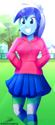Size: 820x1860 | Tagged: safe, artist:the-butch-x, minuette, equestria girls, g4, clothes, commission, crepuscular rays, cute, equestria girls-ified, female, grin, hand in pocket, hoodie, minubetes, moe, pantyhose, pleated skirt, signature, skirt, smiling, soccer field, solo, stockings, striped pantyhose, striped stockings, thigh highs