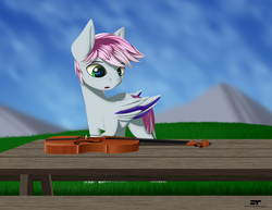 Size: 1584x1224 | Tagged: safe, artist:styroponyworks, oc, oc only, oc:vapor strings, pegasus, pony, commission, male, musical instrument, sky, solo, stallion, table, violin