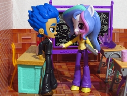 Size: 1240x930 | Tagged: safe, artist:whatthehell!?, flash sentry, princess celestia, principal celestia, equestria girls, g4, apple, chair, chalkboard, classroom, clothes, cup, desk, doll, equestria girls minis, food, gem, irl, photo, shoes, toy