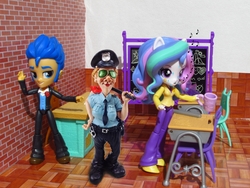 Size: 1000x750 | Tagged: safe, artist:whatthehell!?, flash sentry, princess celestia, principal celestia, equestria girls, g4, apple, chair, chalkboard, classroom, clothes, cup, desk, doll, equestria girls minis, food, gem, irl, photo, police, shoes, toy