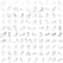 Size: 6000x6000 | Tagged: safe, artist:tsitra, applejack, fluttershy, pinkie pie, rainbow dash, rarity, twilight sparkle, g4, absurd resolution, angry, ball, book, cider, cloud, drawing, drinking, eating, food, jumping, lying down, mane six, monochrome, pie, present, rearing, rope, sad, sleeping, sneezing, tree branch, wheel