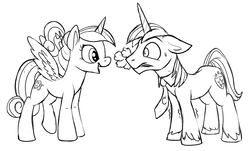 Size: 1200x723 | Tagged: safe, artist:tsitra360, princess cadance, shining armor, alicorn, pony, unicorn, g4, female, flower, male, mare, monochrome, mouth hold, nervous, requested art, shaking, ship:shiningcadance, shipping, simple background, sketch, smiling, straight, sweat, white background