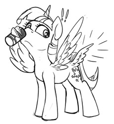 Size: 900x977 | Tagged: safe, artist:tsitra360, twilight sparkle, alicorn, pony, seraph, seraphicorn, alicorn overdose, butt wings, drinking, energy drink, exclamation point, female, four wings, looking back, mare, monochrome, multiple wings, red bull, red bull gives you wings, requested art, simple background, sketch, smiling, solo, twilight sparkle (alicorn), white background, wing hands, wings