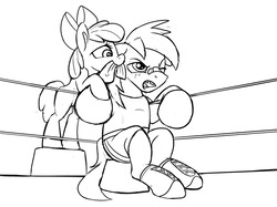 Size: 1200x899 | Tagged: safe, artist:tsitra360, apple bloom, big macintosh, earth pony, pony, g4, boxing, boxing gloves, brother and sister, female, filly, male, monochrome, requested art, simple background, sketch, sports, stallion, towel, white background