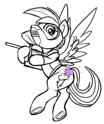 Size: 900x1064 | Tagged: safe, artist:tsitra360, rainbow dash, pegasus, pony, g4, clothes, female, gun, helmet, looking back, mare, monochrome, paintball, paintball gun, requested art, simple background, sketch, solo, weapon, white background