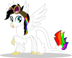 Size: 1024x818 | Tagged: safe, artist:mlp-trailgrazer, oc, oc only, oc:lightning bliss, classical hippogriff, hippogriff, classical hippogriffied, cute, female, goggles, hippogriffied, leonine tail, ocbetes, rainbow feathers, raised claw, simple background, solo, species swap, transparent background, vector