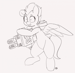 Size: 1280x1241 | Tagged: safe, artist:pabbley, spitfire, pony, g4, 30 minute art challenge, bipedal, female, flamethrower, heavy flamer, monochrome, solo, spitfiery, warhammer (game), warhammer 40k, weapon
