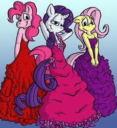 Size: 1172x1280 | Tagged: safe, artist:driprat, fluttershy, pinkie pie, rarity, anthro, g4, armpits, clothes, commission, dress, female, gown, looking at you, looking over shoulder, pose, smiling, wingless, wingless anthro