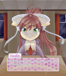 Size: 1200x1388 | Tagged: safe, artist:partypievt, pony, spoiler:doki doki literature club, animated, anime, bow, classroom, clothes, crossover, dating sim, desk, doki doki literature club, error, gendo pose, gif, glitch, just monika, just monika pose, looking at you, monika, ponified, ponytail, ribbon, school uniform, solo, space, spoilers for another series, sweat, wingding eyes