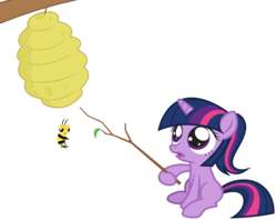 Size: 4096x3241 | Tagged: safe, artist:amarthgul, twilight sparkle, bee, pony, g4, beehive, female, filly, filly twilight sparkle, high res, simple background, solo, this will end in bees, this will end in pain, this will end in tears, transparent background, twig, vector, younger