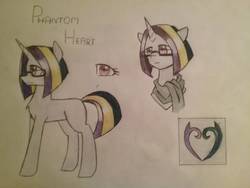 Size: 1288x966 | Tagged: safe, artist:ponime11, oc, oc only, oc:phantom heart, pony, unicorn, bust, female, glasses, mare, portrait, reference sheet, solo, traditional art