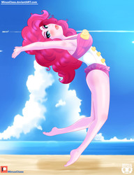Size: 2300x3000 | Tagged: safe, artist:minusclass, pinkie pie, equestria girls, equestria girls specials, g4, my little pony equestria girls: better together, my little pony equestria girls: forgotten friendship, armpits, barefoot, beach, breasts, busty pinkie pie, clothes, feet, female, high res, ocean, patreon, patreon logo, pinkie pie swimsuit, sand, solo, swimsuit