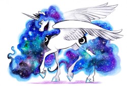 Size: 1280x878 | Tagged: safe, artist:deygira-blood, princess luna, alicorn, horse, pony, g4, crown, cutie mark, ethereal mane, female, hoers, horn, jewelry, looking down, mare, realistic, recolor, regalia, simple background, solo, spread wings, traditional art, white background, wings