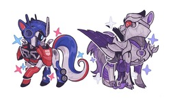 Size: 1280x732 | Tagged: safe, artist:juanmaodepp, pony, duo, looking at each other, megatron, optimus prime, ponified, simple background, stars, transformers, transformers prime, white background