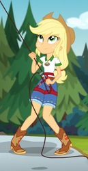 Size: 397x768 | Tagged: safe, screencap, applejack, equestria girls, g4, my little pony equestria girls: legend of everfree, climbing harness, cropped, harness