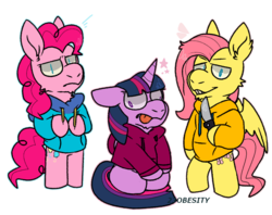 Size: 1024x809 | Tagged: safe, artist:pony-puke, fluttershy, pinkie pie, twilight sparkle, alicorn, pony, g4, bipedal, clothes, derp, hoodie, knife, simple background, sweater, tongue out, transparent background, twilight sparkle (alicorn)