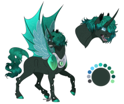 Size: 1110x932 | Tagged: safe, artist:bijutsuyoukai, oc, oc only, oc:artemus, changepony, hybrid, colored hooves, hybrid wings, magical lesbian spawn, male, offspring, parent:princess luna, parent:queen chrysalis, parents:chrysaluna, peytral, reference sheet, simple background, solo, transparent background