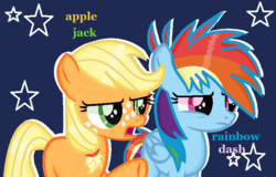 Size: 785x501 | Tagged: safe, artist:lightningshine25, applejack, rainbow dash, earth pony, pegasus, pony, g4, blue background, female, filly, filly applejack, filly rainbow dash, frown, glare, open mouth, pointing, raised hoof, simple background, unamused, younger