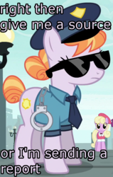 Size: 472x740 | Tagged: safe, edit, edited screencap, screencap, copper top, luckette, pony, g4, the gift of the maud pie, clothes, cuffs, hat, image macro, meme, police officer, police pony, reaction image, sunglasses
