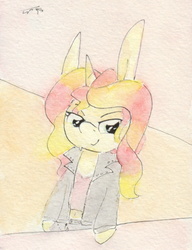 Size: 683x889 | Tagged: safe, sunset shimmer, pony, g4, belly button, bipedal, clothes, equestria girls outfit, female, jacket, midriff, short shirt, solo, traditional art