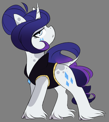 Size: 1476x1647 | Tagged: safe, artist:taaffeiite, rarity, pony, unicorn, g4, alternate color palette, alternate hair color, alternate universe, beauty mark, cloven hooves, coat markings, curved horn, dappled, g5 concept leak style, g5 concept leaks, gray background, horn, lidded eyes, rarity (g5 concept leak), seductive look, simple background, solo, spoiler, unshorn fetlocks