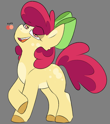 Size: 1215x1370 | Tagged: safe, artist:taaffeiite, apple bloom, earth pony, pony, g4, alternate hair color, alternate hairstyle, alternate universe, apple bloom (g5), blank flank, bow, coat markings, colored hooves, female, filly, g5 concept leak style, gray background, hair bow, simple background, smug, solo