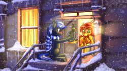 Size: 1920x1080 | Tagged: safe, artist:skorpionletun, oc, oc only, earth pony, pony, blushing, clothes, commission, door, female, icicle, male, mare, night, porch, scarf, snow, snowfall, statue, torn ear