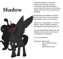 Size: 3009x2784 | Tagged: safe, artist:conthauberger, oc, oc only, oc:shadow, alicorn, pony, shadow pony, alicorn oc, edgy, high res, ow the edge, poe's law, princess trixie sparkle, red and black oc, reference sheet, shadow, simple background, solo, sombra eyes, text, white background