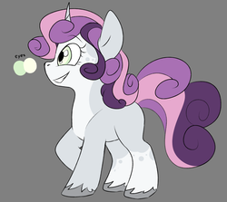 Size: 1497x1338 | Tagged: safe, artist:taaffeiite, sweetie belle, pony, unicorn, g4, alternate color palette, alternate hair color, alternate hairstyle, alternate universe, blank flank, curved horn, g5 concept leak style, gray background, horn, simple background, solo, sweetie belle (g5), unshorn fetlocks