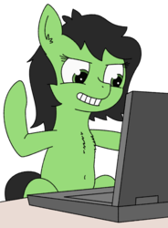 Size: 1153x1569 | Tagged: safe, artist:greenwood, oc, oc only, oc:filly anon, pony, belly button, chest fluff, computer, ear fluff, female, filly, fluffy, grin, laptop computer, raised leg, simple background, smiling, solo, transparent background