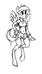 Size: 448x784 | Tagged: safe, artist:skrapbox, rainbow dash, pegasus, anthro, unguligrade anthro, g4, clothes, drink, female, hand on hip, lineart, midriff, monochrome, short shirt, shorts, simple background, sketch, solo, sports shorts, white background