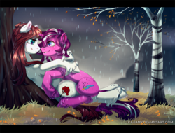 Size: 1500x1142 | Tagged: safe, artist:ka-samy, oc, oc only, pony, autumn, commission, female, hug, lesbian, looking at each other, rain, shipping, smiling, snuggling, tree, unshorn fetlocks