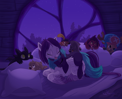 Size: 1024x837 | Tagged: safe, artist:hecatehell, oc, oc only, oc:angel heart, pegasus, pony, unicorn, balto, bed, bedroom, disney, dreamworks, female, how to train your dragon, licking, mare, night, one piece, prone, puss in boots, scamp, scar (the lion king), shrek, shrek 2, sleeping, the lion king, tongue out, tony tony chopper, toothless the dragon