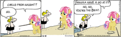 Size: 740x232 | Tagged: safe, artist:nyperold, kettle corn, human, g4, b.c. (comic strip), beach, bow, comic, comic strip, crossover, female, filly, hair bow, itoons, mouth hold, ocean, peter (b.c.), sand, stick