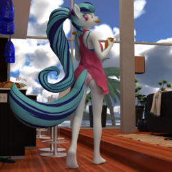 Size: 2000x2000 | Tagged: safe, artist:tahublade7, sonata dusk, earth pony, anthro, plantigrade anthro, equestria girls, g4, 3d, ass, barefoot, bra, bra strap, butt, clothes, cloud, dress, eating, fangs, feet, female, food, heart, heart print underwear, high res, kitchen, living room, looking back, mare, panties, pink underwear, sky, smiling, solo, sonataco, taco, underwear, window