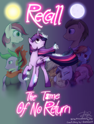 Size: 1310x1712 | Tagged: safe, artist:princesketchy, applejack, doctor whooves, fluttershy, pinkie pie, rainbow dash, rarity, roseluck, spike, time turner, twilight sparkle, alicorn, pony, comic:recall the time of no return, g4, comic cover, cover art, full moon, mane six, moon, older, older spike, poster, raised hoof, snow, sun, twilight sparkle (alicorn)