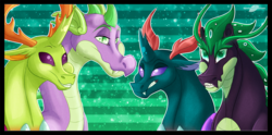 Size: 1500x745 | Tagged: safe, artist:bijutsuyoukai, pharynx, spike, thorax, oc, oc:spine, changedling, changeling, g4, gay, interspecies offspring, king thorax, magical gay spawn, male, older, parent:spike, parent:thorax, parents:spirax, prince pharynx, ship:thoraxspike, shipping